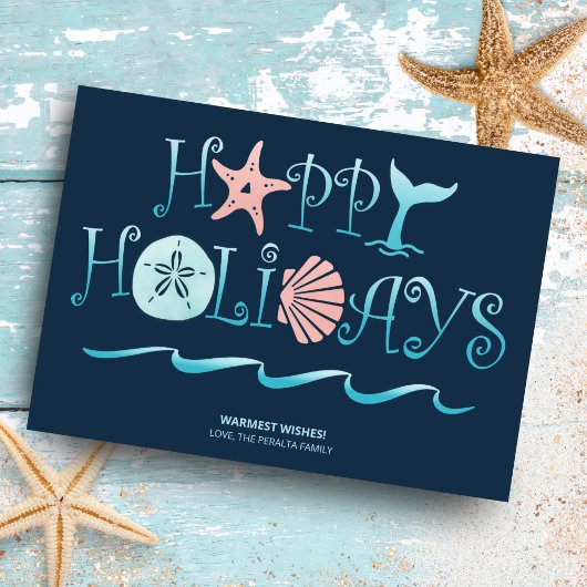 Cartes Pour Fêtes Annuelles Joyeux littoral | Beach Seashell Navy Noël