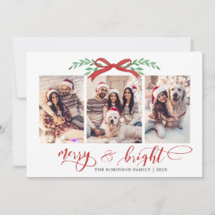 Cartes Pour Fêtes Annuelles Joyeux & Lumineux Noël avec Ruban Rouge et Feuilla