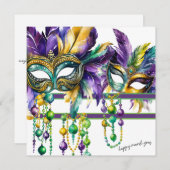 Cartes Pour Fêtes Annuelles Joyeux Mardi Gras en or, violet et vert (Devant / Derrière)