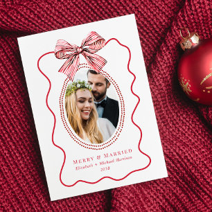 Cartes Pour Fêtes Annuelles Joyeux Mariage Cadre Ondulé Rouge Ruban Photo Noël