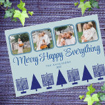 Cartes Pour Fêtes Annuelles Joyeux Marine Menorah interconfessionnelle Arbre m<br><div class="desc">Personnalisez ces 4 cartes de fin de année de collage photo dans un simple bleu marine et bleu pastel Joyeux Happy Tout design interconfessionnel. Une police stylisée élégante en bleu profond avec une légère ombre en blanc ajoute de l'intérêt et la rangée de cinq Menorahs bleu marine et quatre arbres...</div>