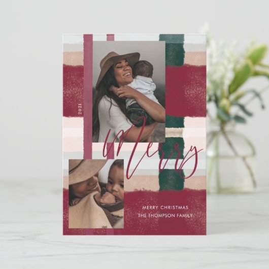 Cartes Pour Fêtes Annuelles Joyeux Maroon moderne & Green Plaid Plaid Deux Pho (Debout devant)