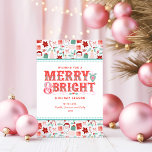 Cartes Pour Fêtes Annuelles Joyeux Merry & Bright | Holly rétro rose et rouge<br><div class="desc">Cette carte présente une salutation de vacances joyeuse dans une typographie de style victorien moderne sur un fond de vacances rose et rouge. Vous pouvez personnaliser avec vos noms et année.</div>