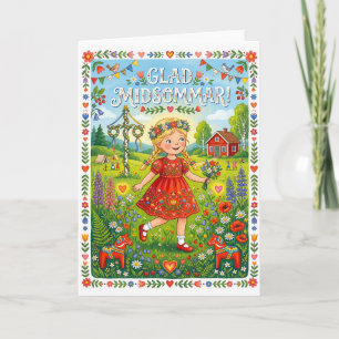 Cartes Pour Fêtes Annuelles Joyeux Midsommar : Fille suédoise en robe florale