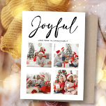 Cartes Pour Fêtes Annuelles Joyeux minimaliste | Christmas Four Photo Collage<br><div class="desc">Envoyez des salutations de vacances personnalisables et personnalisées à vos amis, vos collègues et votre famille dans des cartes arrondies simples, chic, élégantes et modernes 4 photo collage design festif, de style naturel minimaliste ! Une belle calligraphie de cadres "Joyeux" sur vos quatre ( 4 ) photo collage devant. Ci-dessous,...</div>