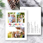 Cartes Pour Fêtes Annuelles Joyeux moderne et brillant couleur Retro 3 photo<br><div class="desc">Nous aimons tous les traditions de vacances, et quelle meilleure façon de célébrer qu'avec notre Carte Postale Moderne Joyeux et Bright Colorful Retro 3 Photo Holiday! Cette carte postale inoubliable présente un joyeux et lumineux écrit dans une typographie rétro colorée, créant une esthétique ludique et moderne. Avec elle, vous pouvez...</div>