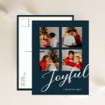 Cartes Pour Fêtes Annuelles Joyeux Moderne Minimaliste Bleu Script 4 Photo<br><div class="desc">Joyeux Moderne Minimaliste Bleu Script 4 Photo Carte Postale Moderne Vacances. Envoyez des voeux de vacances à vos proches avec cette carte de vacances moderne et festive. Tous les textes sont pré-arrangés pour que vous personnalisiez facilement et rapidement avec vos propres détails. Joyeuses fêtes !</div>