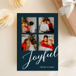 Cartes Pour Fêtes Annuelles Joyeux Moderne Minimaliste Bleu Script 4 Photo<br><div class="desc">Joyeuse Carte de vacances minimaliste moderne Blue Script 4 Photo. Envoyez des voeux de vacances personnalisables et personnalisés à vos amis, collègues et famille dans des cartes de style simple, chic, élégant et moderne design photo festif, naturel minimaliste! Ci-dessous la calligraphie présente votre message de voeux personnalisé dans la typographie...</div>