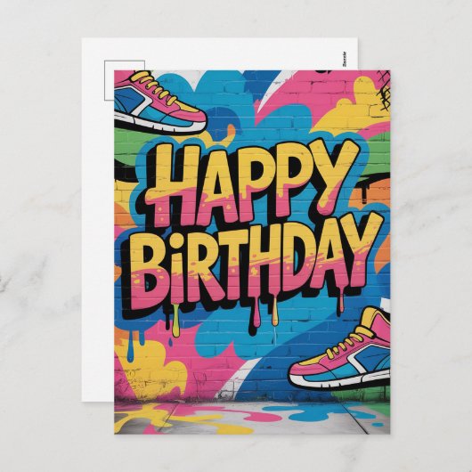 Cartes Pour Fêtes Annuelles Joyeux mur de graffitis d'anniversaire avec Basket (Devant / Derrière)