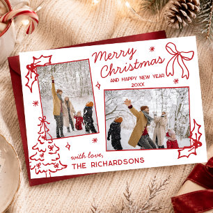 Cartes Pour Fêtes Annuelles Joyeux Noël 2 Photo Rouge Fantaisie Dessinée à la