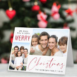 Cartes Pour Fêtes Annuelles Joyeux Noël 2 Photo Rouge Script<br><div class="desc">Carte de voeux pliée de vacances moderne avec un collage photo 2,  "We Wish You A Very Joyeux Noël" dans un mélange de typographie simple et un élégant script rouge et votre nom et l'année. Ajoutez votre message saisonnier personnalisé et vos prénoms ou tout autre texte à l'intérieur.</div>