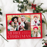 Cartes Pour Fêtes Annuelles Joyeux Noël 4 photo Collage<br><div class="desc">Carte de vacances simple et élégante avec un collage photo de 3 sur le devant avec "Joyeux Noël" affiché en lettres modernes blanches sur un arrière - plan rouge. Personnalisez l'avant de la carte en ajoutant vos photos et votre nom. La carte inverse pour afficher la quatrième photo avec un...</div>