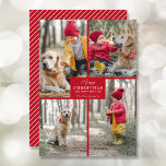 Cartes Pour Fêtes Annuelles Joyeux Noël 4 Photo Collage Rouge<br><div class="desc">Votre nom de famille et l'accueil Joyeux Noël et Joyeux Nouvel An en lettres chic sur rouge avec votre photo collage préféré sur le devant et vos prénoms au verso de ces cartes de voeux de vacances. PLUS DE COULEURS dans notre magasin. Le service Live Design peut vous aider à...</div>