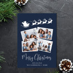 Cartes Pour Fêtes Annuelles Joyeux Noël 4 Photo Père Noël Sleigh Blue<br><div class="desc">Carte Festive bleue avec un collage photo de 4 images éparpillées dans des cadres blancs,  une silhouette de rennes volant le traîneau à Père Noël,  "Joyeux Noël" dans un script blanc élégant et votre nom dans une simple typographie blanche.</div>
