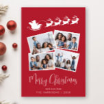 Cartes Pour Fêtes Annuelles Joyeux Noël 4 Photo Père Noël Sleigh Red<br><div class="desc">Carte Festive rouge de Noël avec un collage photo de 4 images éparpillées dans des cadres blancs,  une illustration de rennes volant le traîneau à Père Noël,  "Joyeux Noël" dans un script blanc élégant et votre nom dans une simple typographie blanche.</div>