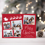 Cartes Pour Fêtes Annuelles Joyeux Noël 5 Photo Collage Père Noël Sleigh<br><div class="desc">Carte de vacances rouge festive avec un collage photo de 5 images éparpillées dans des cadres blancs,  une silhouette blanche de rennes volant le traîneau à Père Noël,  "Joyeux Noël" dans un script blanc élégant et votre nom dans une simple typographie blanche moderne.</div>