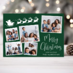 Cartes Pour Fêtes Annuelles Joyeux Noël 5 Photo Père Noël Sleigh Green<br><div class="desc">Carte Festive verte de vacances avec un collage photo de 5 images éparpillées dans des cadres blancs,  une silhouette de rennes volant le traîneau à Père Noël,  "Joyeux Noël" dans un script blanc élégant et votre nom dans la typographie blanche moderne.</div>