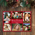 Cartes Pour Fêtes Annuelles Joyeux Noël 6 Photo Collage Rouge<br><div class="desc">Simple et moderne photo collage rouge carte de vacances avec "Joyeux Noël" dans un élégant script blanc,  6 photos de vos gens préférés et des moments de la dernière année et votre nom de famille et l'année en typographie blanche.</div>