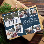 Cartes Pour Fêtes Annuelles Joyeux Noël 7 photo collage marine bleu élégant<br><div class="desc">Cette carte de vacances à sept photos propose un élégant traitement de type Joyeux Noël et une salle pour le texte personnalisé. Le collage de photos en fait une carte de Noël familiale parfaite pour partager les moments forts de l'année ou le meilleur d'une séance photo en famille. Les couleurs...</div>