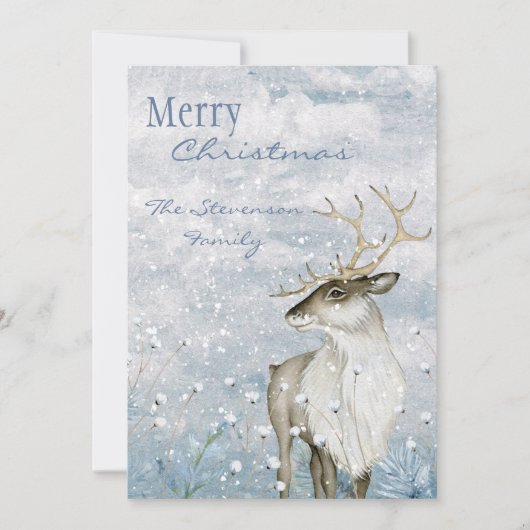 Cartes Pour Fêtes Annuelles Joyeux Noël Aquarelle Cerf Snow Scene Nom (Devant)