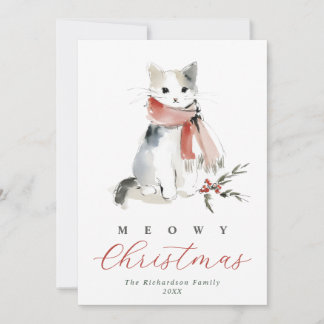 Cartes Pour Fêtes Annuelles Joyeux Noël aquarelle Chat & Écharpe Rouge