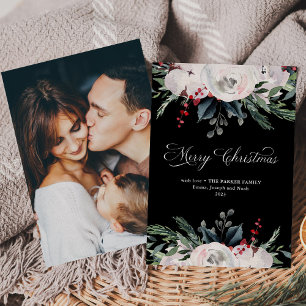 Cartes Pour Fêtes Annuelles Joyeux Noël Aquarelle Fleurs photo noir