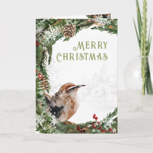 Cartes Pour Fêtes Annuelles Joyeux Noël Aquarelle Nuthatch Nesting Bird (Devant)