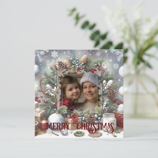 Cartes Pour Fêtes Annuelles Joyeux Noël aquarelle photo rustique (Debout devant)