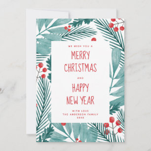 Cartes Pour Fêtes Annuelles Joyeux Noël. Aquarelle pins d'hiver et fleurs