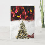 Cartes Pour Fêtes Annuelles Joyeux Noël, Arbres de Noël, Présents<br><div class="desc">Elégant arbre de Noël et présente avec chapeau santa sur blanc,  arrière - plan de bokeh rouge et un verset sentimental à l'intérieur.</div>