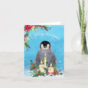 Cartes Pour Fêtes Annuelles Joyeux Noël au pingouin aquarelle florale