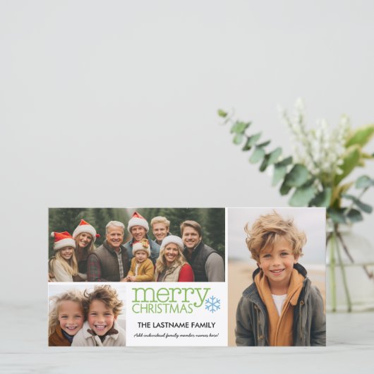 Cartes Pour Fêtes Annuelles Joyeux Noël avec 3 photo collage - blanc vert (Debout devant)