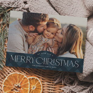 Cartes Pour Fêtes Annuelles Joyeux Noël avec photo à carreaux bleu marine rust