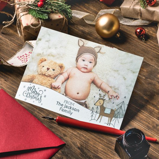Cartes Pour Fêtes Annuelles Joyeux Noël avec photo, cadre enneigé & rennes