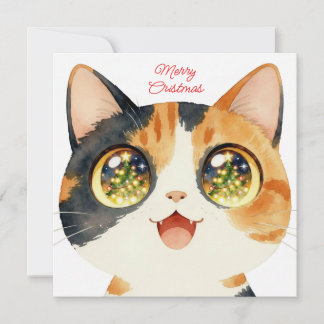 Cartes Pour Fêtes Annuelles Joyeux Noël avec un chat mignon contemplant les lu