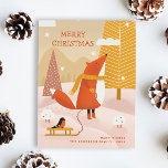 Cartes Pour Fêtes Annuelles Joyeux Noël. Bécasseau de renard des forêts d'hive<br><div class="desc">Carte postale "Joyeux Noël" avec mignonette drôle caricature renard boisé et animaux bullfinch dans les couleurs rose jaune orangé rose pour les vacances d'hiver.</div>