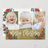 Cartes Pour Fêtes Annuelles Joyeux Noël Berries 3 Photo Holiday Card (Devant / Derrière)