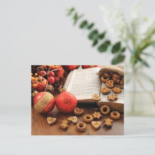 Cartes Pour Fêtes Annuelles Joyeux Noël - Bible avec biscuits et boules (Debout devant)