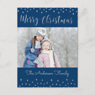 Cartes Pour Fêtes Annuelles Joyeux Noël Bleu et Argent Etoiles de Foil Photo