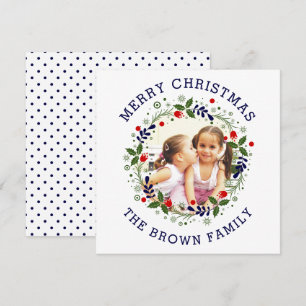 Cartes Pour Fêtes Annuelles Joyeux Noël bleu marine, photo de couronne florale