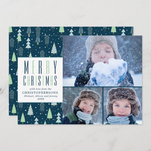 Cartes Pour Fêtes Annuelles JOYEUX NOËL Bleu Vert Arbres 3 Photos (Devant / Derrière)