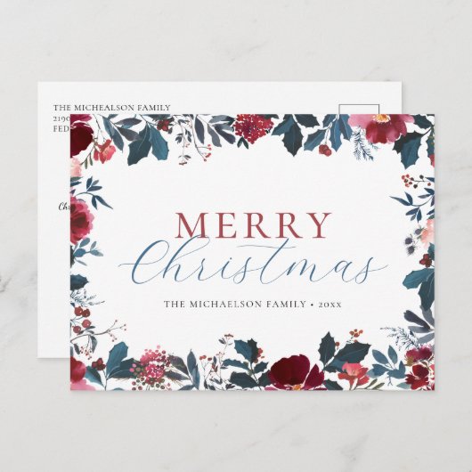 Cartes Pour Fêtes Annuelles Joyeux Noël bleu vert Holly (Devant / Derrière)