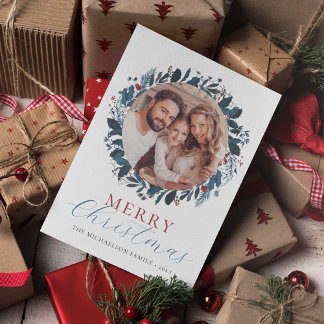 Cartes Pour Fêtes Annuelles Joyeux Noël Bleu Vert Holly Photo