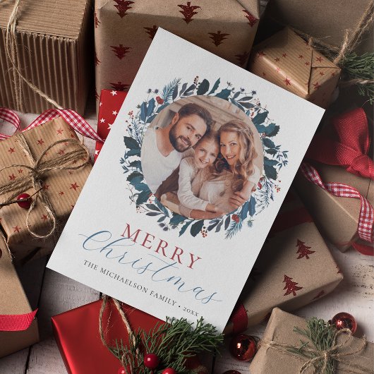 Cartes Pour Fêtes Annuelles Joyeux Noël Bleu Vert Holly Photo