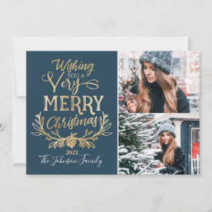 Cartes Pour Fêtes Annuelles Joyeux Noël Blue & Gold Festive famille Photo