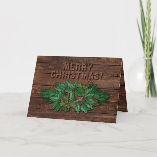Cartes Pour Fêtes Annuelles Joyeux Noël, Bois rustique, Branches de pin Swag (Devant)