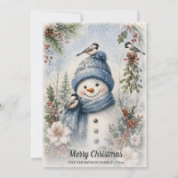 Joyeux Noël Bonhomme de Neige Mésanges Aquarelle