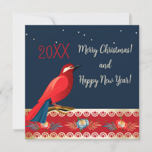 Cartes Pour Fêtes Annuelles Joyeux Noël Bonne année ! Fleurs d'oiseaux rouges