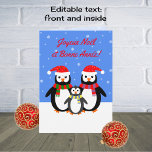Cartes Pour Fêtes Annuelles Joyeux Noel Bonne Annee pingouins français<br><div class="desc">Une belle carte en français pour votre famille et vos amis. Cette famille de pingouins profite de la saison hivernale, portant des foulards rayés et des casquettes de noël pour se réchauffer pendant que les flocons de neige tombent. Le texte sur le devant en rouge est entièrement personnalisable : "Joyeux...</div>