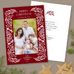 Cartes Pour Fêtes Annuelles Joyeux Noël botanique blanc Photo<br><div class="desc">Cette carte de Noël rouge foncé présente une élégante bordure botanique d'hiver blanc qui encadre la photo verticale. Le verso offre du texte personnalisé pour votre message personnel.</div>
